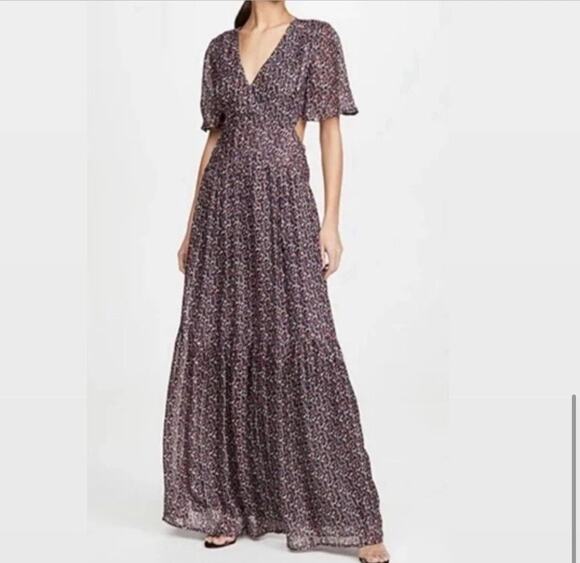ba&sh Dresses & Skirts - Ba&Sh Metalic Thread Flutter Sleeve Cut Out Tiered Maxi Dress Multicolor 0 / XS